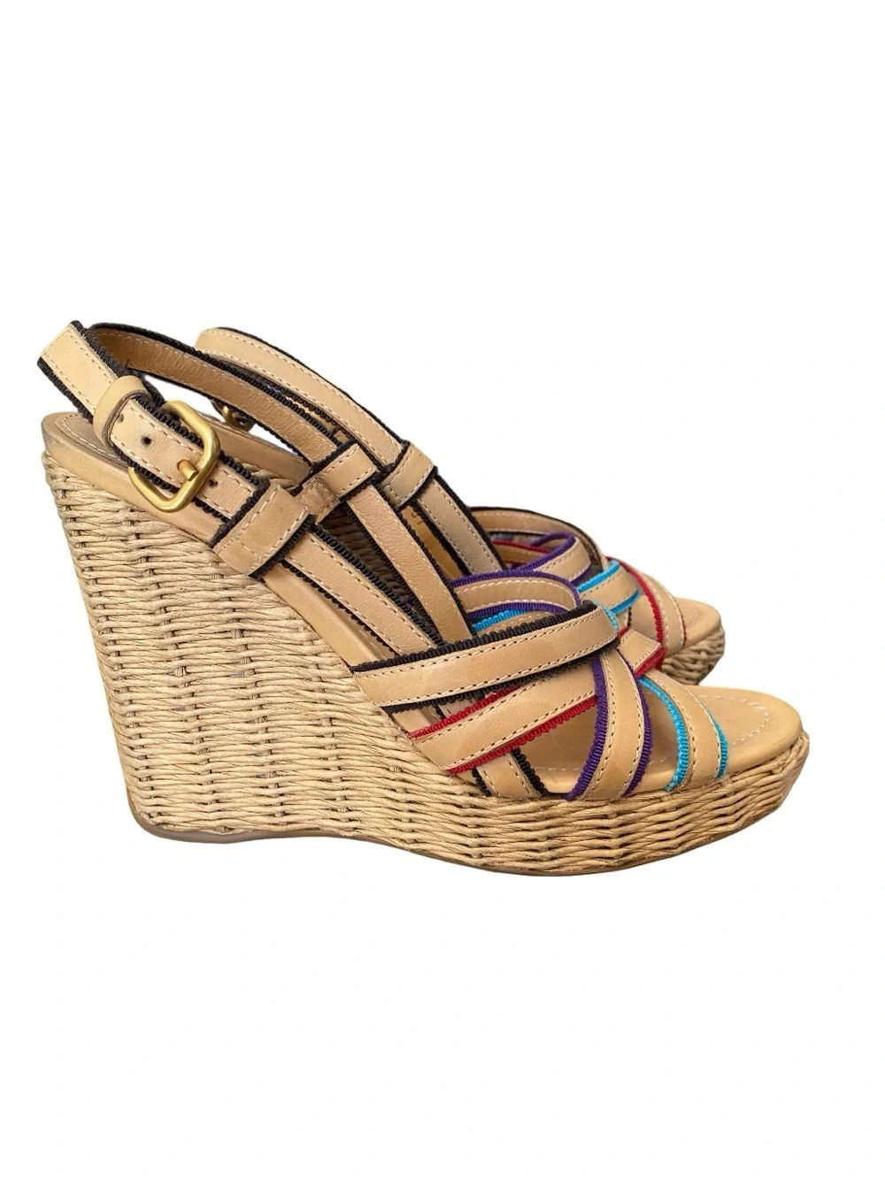 Prada The Original Car Shoe Tan Leather Braided Straw Woven Heel Sandal 37 US 7 - Picture 8 of 10